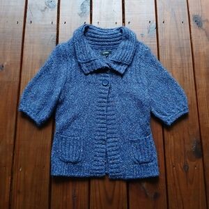 Express XS blue and rainbow speckled short puff sleeve knit cardigan sweater
